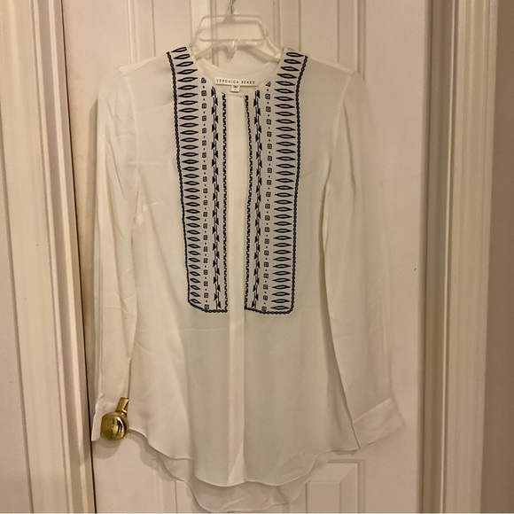 Veronica Beard silk tunic, ivory w/ black detailed embroidery, Long sleeve, Sz 4 - Picture 2 of 13
